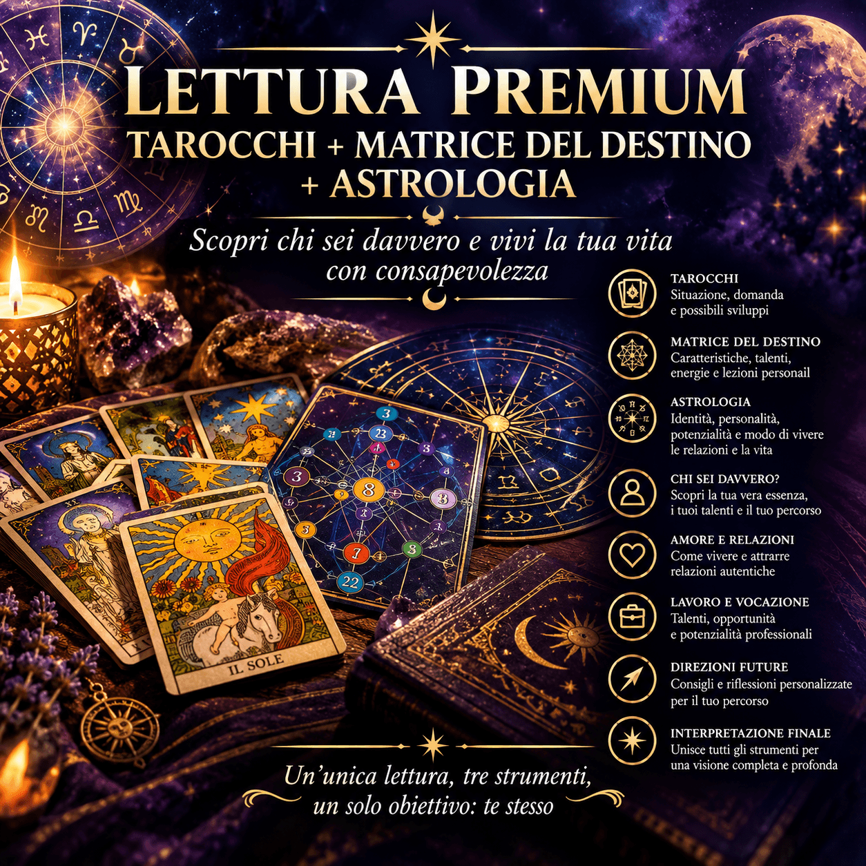 🔮 Lettura Premium – Tarocchi + Matrice del Destino + Astrologia